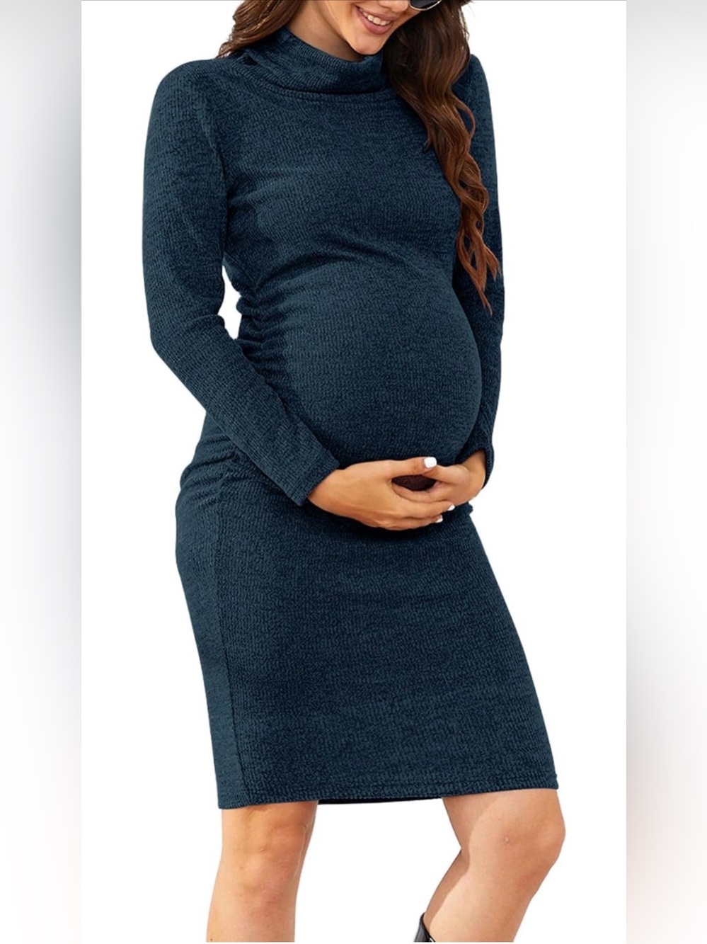Modern Lake Blue Turtle Neck Maternity Bodycon Dress - Size S
